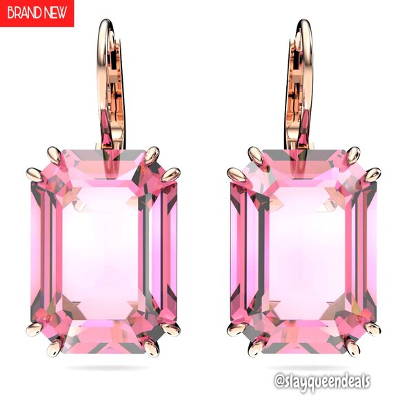 Octagon Cut Crystal Drop Earrings Rose Gold Tone 7/8 Inch Dangle